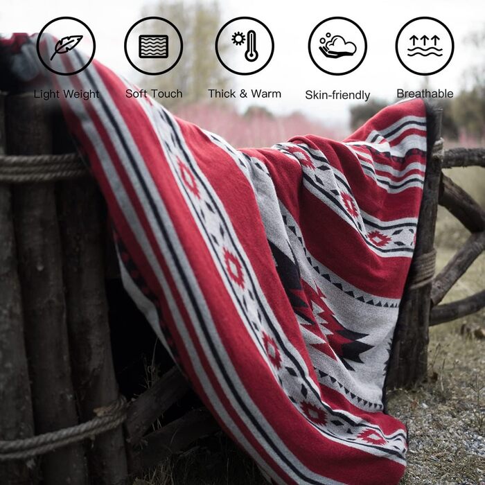 Плед HORIMOTE HOME Boho з м'яким шерпа-підкладом, азтекський стиль, легка тепла ковдра для дивану, ліжка, кемпінгу, 152x203 см, червоний