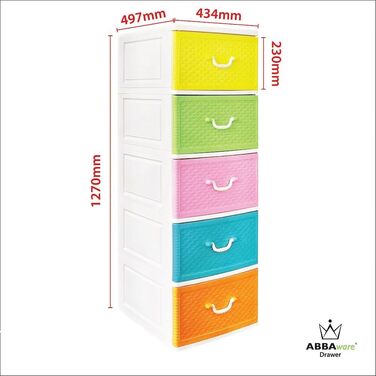 Комод 44x50x127 см з 5 великими шухлядами XXL, 40 л, кольоровий, сучасний дизайн Weave, з переробленого пластику PP