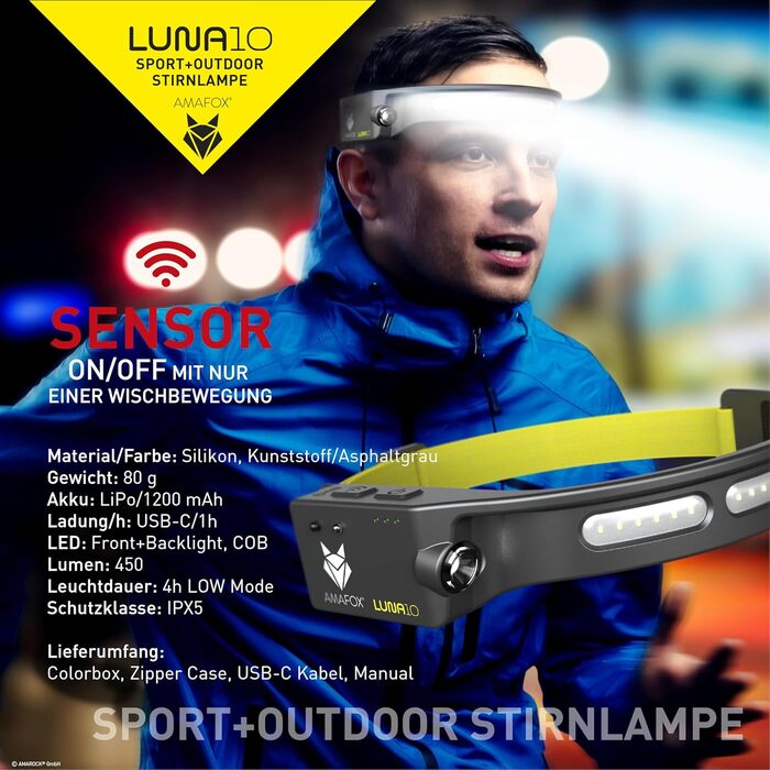 Легка світлодіодна налобна лампа AMAFOX LUNA SPORT 2024 для бігу, з акумулятором, заднім ліхтарем та рефлектором, антрацит