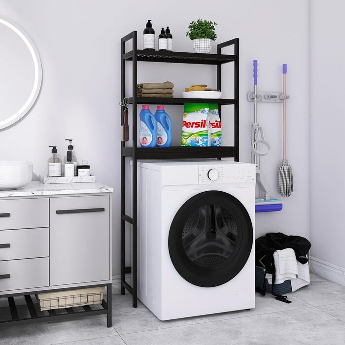Полиця для туалету SMIBUY з бамбука, регульована над пральною машиною, 3 яруси, чорна, компактна, легкий монтаж