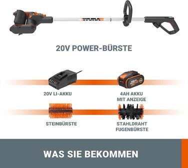 Акумуляторна мультищітка WORX WG441E.9 20В для очищення каменю та деревини, видалення бур'янів, з водяним підключенням, PowerShare, без акумулятора та зарядного (комплект 4Аг акумулятор і зарядка)