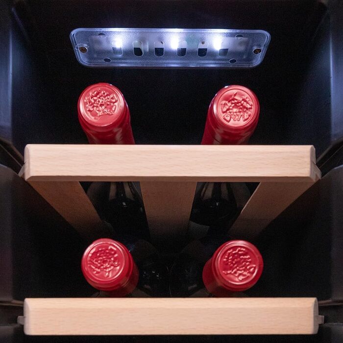 Винний шафа Cecotec Bolero GrandSommelier 830 CoolWood, термоелектрична, тиха, енергоефективна, для 12 пляшок, з індикаторами, сенсорним керуванням, нержавіюча сталь і дерево, регулювання температури 8-18°C