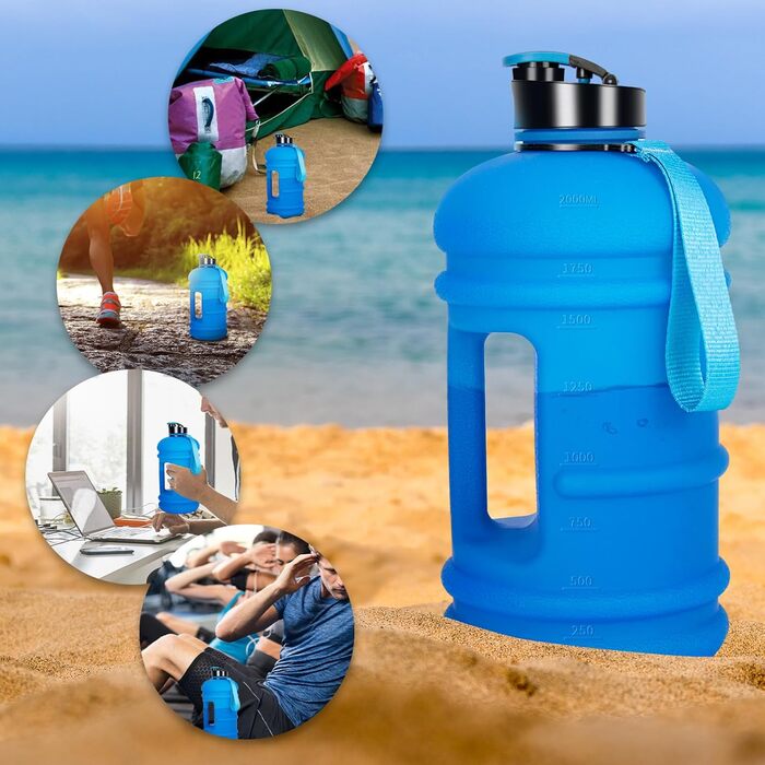 Спортивна пляшка для води TOOFEEL 2 л, BPA Free, з мірною шкалою, багаторазова, для тренувань, матова темно-синя, 1893 мл