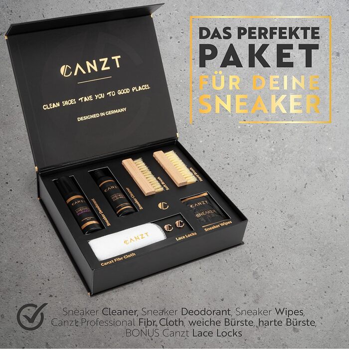 Преміум набір для чищення кросівок Canzt Black Box – для замші, нубуку, шкіри та текстилю, з засобом для взуття, серветкою, щітками, вологими серветками та дезодорантом