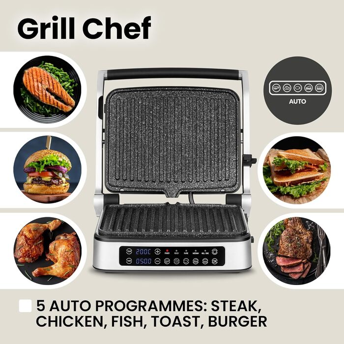 Електричний контактний гриль і сендвіч-тостер Grill Chef 2100Вт, знімні пластини, 2в1, розкладний на 180°, антипригарне покриття, піддон для жиру, звуковий сигнал, сріблястий