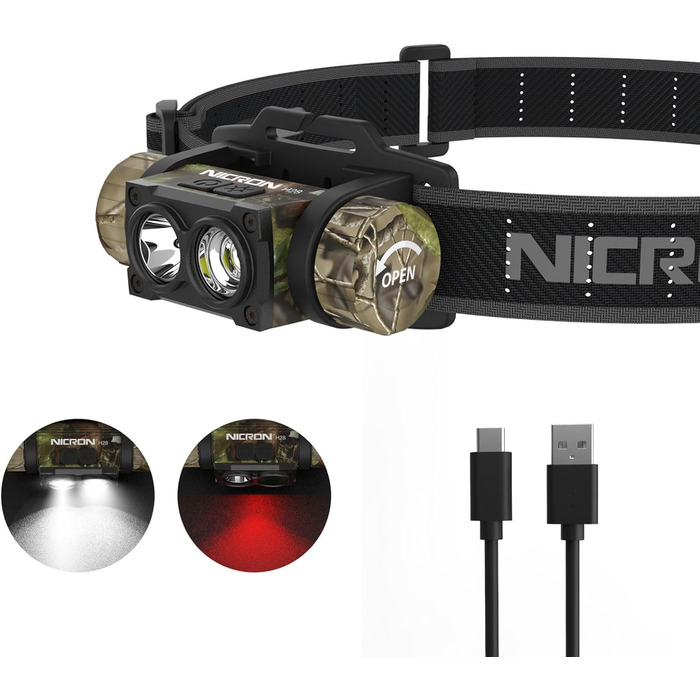 Лобовий ліхтар NICRON H28 LED з червоним світлом, USB-зарядка, 500 люмен, водонепроникний IP67 для риболовлі, туризму, археології