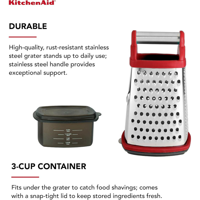 Тертка KitchenAid KN300OSERA Gourmet 4-стороння, з нержавіючої сталі, з контейнером на 3 чашки, мірними позначками, для дрібного, середнього та крупного натирання, підходить для посудомийної машини, Empire