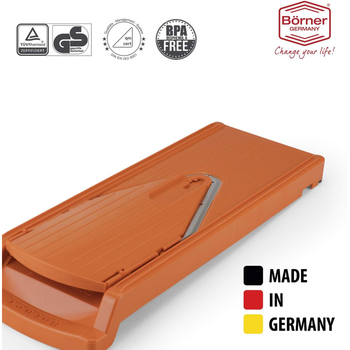 Овочерізка Börner V3 Plus з піддоном і спіральним ножем, регульована, для скибочок, соломки та кубиків, помаранчева