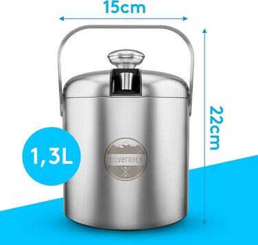 SilverRack контейнер для льоду з нержавіючої сталі з кришкою та щипцями 1,3 л – преміум відерце для льоду для холодних напоїв