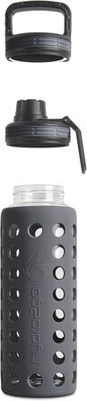 Скляна пляшка для води з силіконовим чохлом Onyx Black 950 мл, герметична, BPA-free, придатна для миття в посудомийній машині, 2 змінні кришки, для офісу, спорту, фітнесу та йоги
