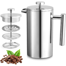 Френч-прес Cafeti, 8 чашок, нержавіюча сталь, подвійні стінки, термоізоляція, портативний, для дому, офісу, кемпінгу, 1000 мл