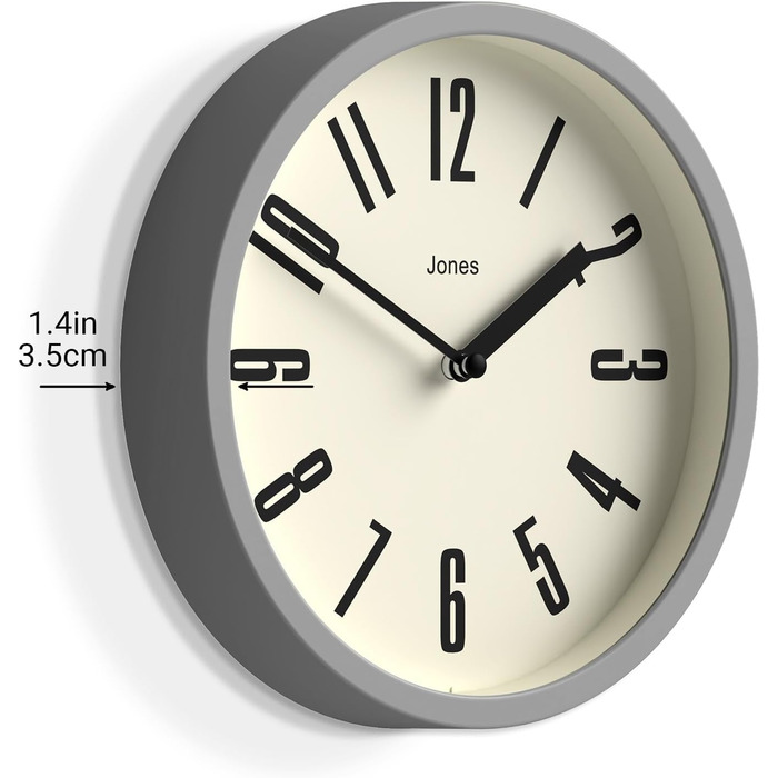 Настінний годинник JONES CLOCKS® для ванної та кухні, ретро, круглий, 20 см, сірий, великі цифри, для офісу, дитячої, маленьких приміщень
