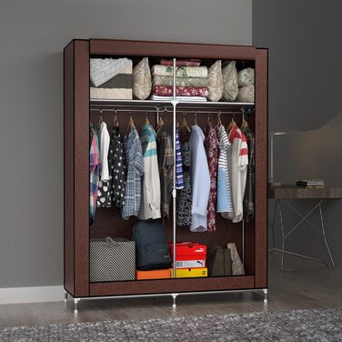 Тканинна шафа INTIRILIFE 108x170x45 см, коричнева, з блискавкою, полицями, металевим каркасом, боковою кишенею та перекладиною для одягу – складаний органайзер для зберігання