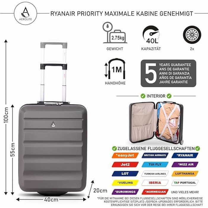 Легкий жорсткий чемодан Aerolite 55x40x20 см для ручної поклажі, сірий, 2 колеса, підходить для Lufthansa, Ryanair, Eurowings, TUI, SunExpress, Condor, кабінний тролейбус