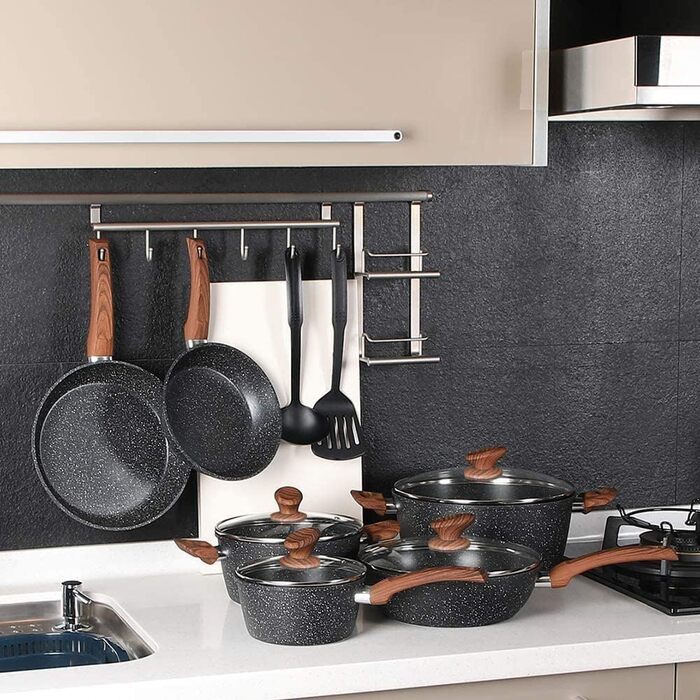 Набір індукційних каструль і сковорідок Kitchen Academy, 12 предметів, чорний граніт, антипригарне покриття, без PFOA і PFOS