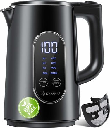 Електричний чайник KESSER 1.7 л, нержавіюча сталь, LED-дисплей, 4 температурні режими 40–100°C, підтримка тепла, 2200 Вт, BPA Free, фільтр від накипу, чорний
