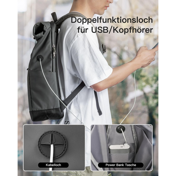 Рюкзак Inateck RollTop 25-30 л для чоловіків і жінок, велосипедний, шкільний, для університету, роботи, спорту та подорожей, з відділенням для ноутбука 17'' (сірий, стильний дизайн)