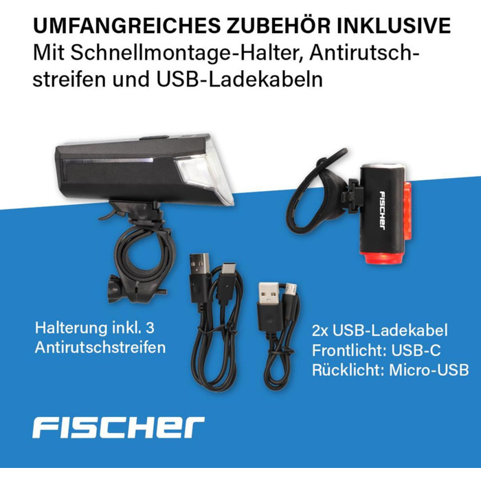 Велосипедний набір освітлення FISCHER: передня і задня LED фара з акумулятором, USB-зарядкою, захистом від бризок IP44, сертифікований StVZO