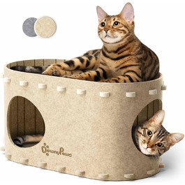 Котяча будка з фетру, ліжко-будиночок для котів, 58×33×30 см, ігровий Peek-a-Boo, зимова, захист кігтів, бежева