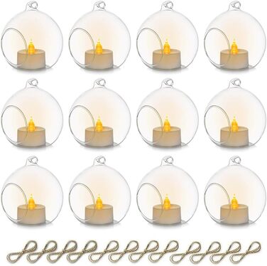 Підвісний скляний підсвічник-куля 8 см з LED свічкою, набір 12 шт. Декор для весілля, вечірки, столу, саду та Різдва