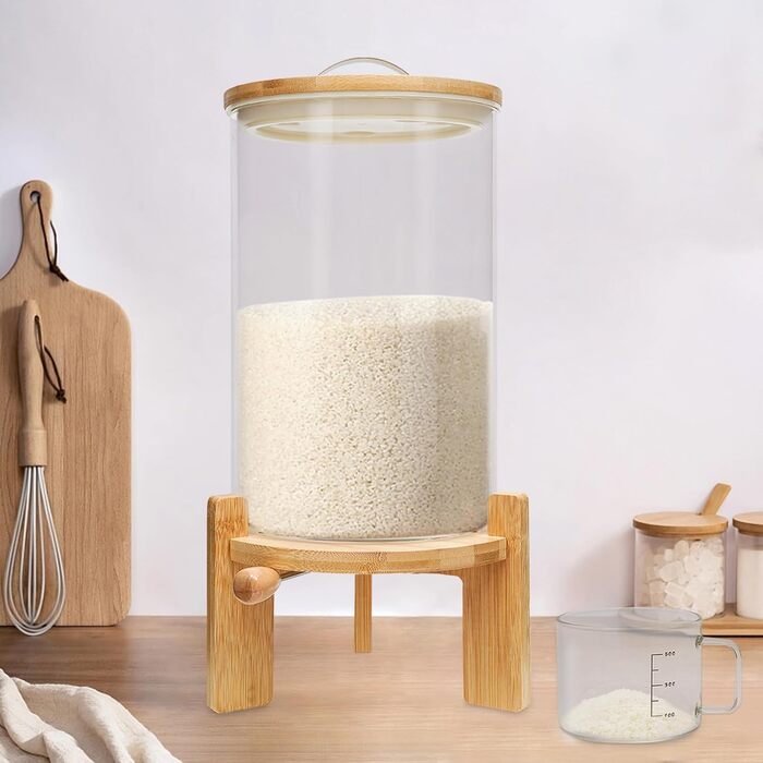 Диспенсер для сипучих продуктів 7,5 л зі скла з бамбуковою кришкою та дерев'яною підставкою, контейнер для круп, рису, вівсянки, борошна, кукурудзи, сої