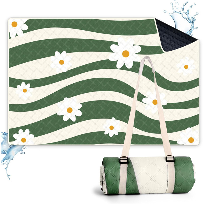 Пляжний килимок LARUTAN Versailles Daisy 200x300 см, водонепроникний, портативний, для пікніка, з ременем для перенесення, праний