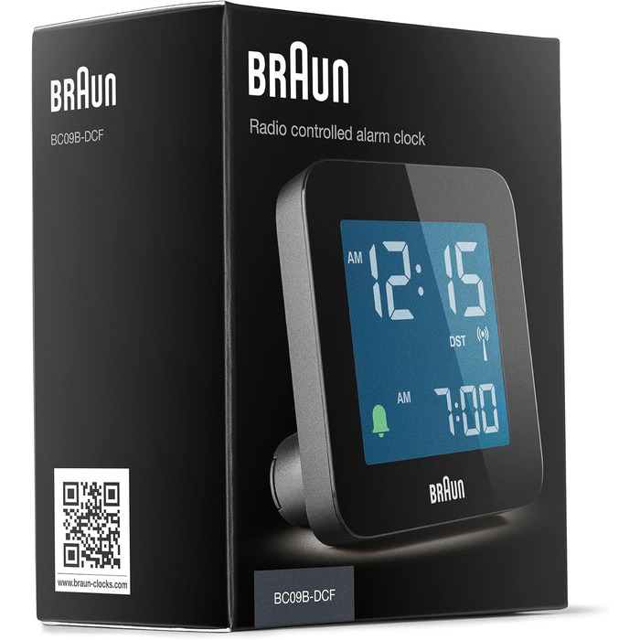 Цифровий радіо-будильник Braun BC09B-DCF з негативним LCD-дисплеєм, функцією швидкого налаштування, поступовим сигналом, режимом сну, для центральноєвропейського часу, чорний