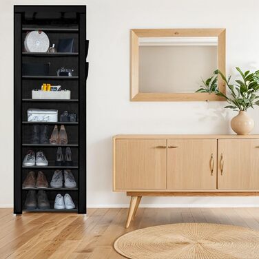 Тканинна шафа INTIRILIFE 170x58x28 см, чорна, з блискавкою, 9 полиць, для одягу та взуття, складана шафа для кемпінгу, текстильний гардероб