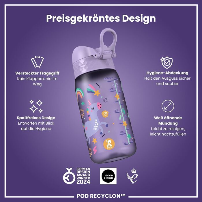 Ion8 ізольована пляшка для води з нержавіючої сталі 320 мл, герметична, зручне відкриття однією рукою, безпечне блокування, для дітей, єдиноріг, фіолетова, підходить для посудомийної машини, легка очистка, довговічна