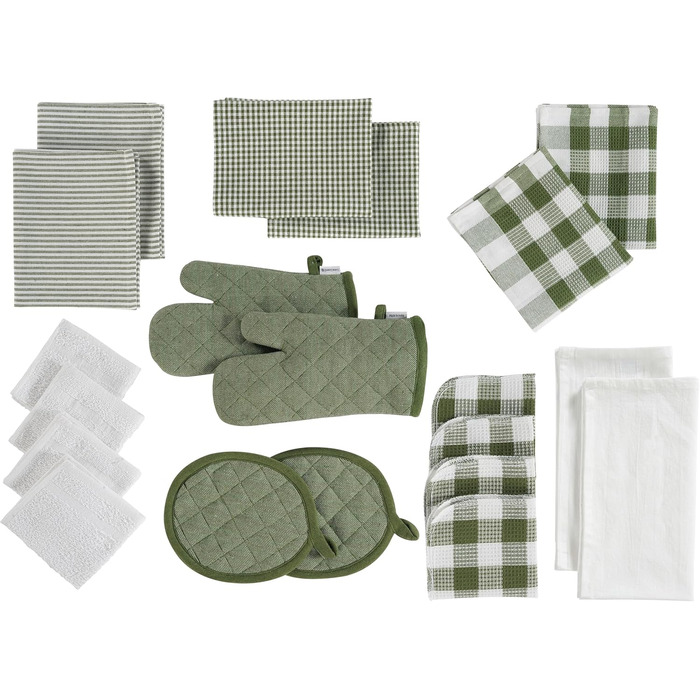 Набір кухонних рушників LANE LINEN 20 шт – бавовняні рушники, термостійкі рукавиці та прихватки, оливковий колір