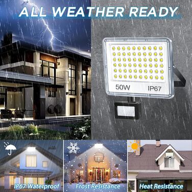 LED прожектор з датчиком руху для вулиці 100 Вт, 2 шт, 10000 лм, холодне біле світло 6500K, IP67 водонепроникний, для складу, саду, гаража