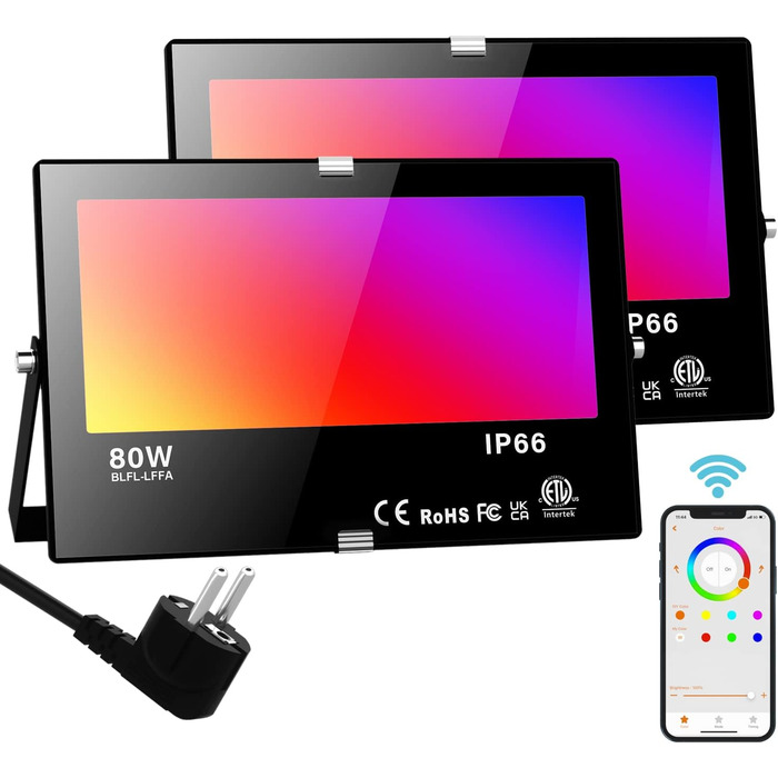 Розумний RGB LED прожектор для вулиці 80 Вт, Bluetooth, керування через додаток, IP66, димований, 2700K, мільйони кольорів, водонепроникний, для саду, освітлення фасаду, стельове підсвічування