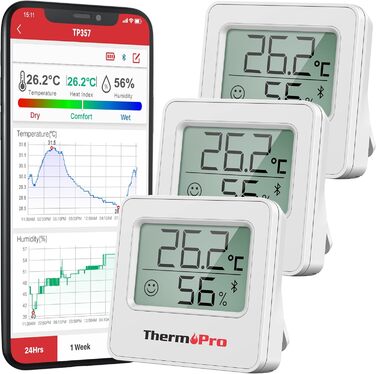 Цифровий гігрометр ThermoPro TP357-3 (3 шт), Bluetooth, 80 м, термометр для кімнати, додаток, індикатор вологості зі смайликом, для офісу, винного погребу, теплиці