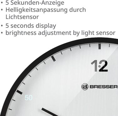 Стіна годинник Bresser MyTime 24 см, радіокерований, безшумний, LED секундомір, термометр, білий