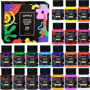 Набір акрилових фарб для шкіри ARTFLY, 20 кольорів по 30 мл з фінішним покриттям, для взуття, кросівок, курток, меблів та автосидінь