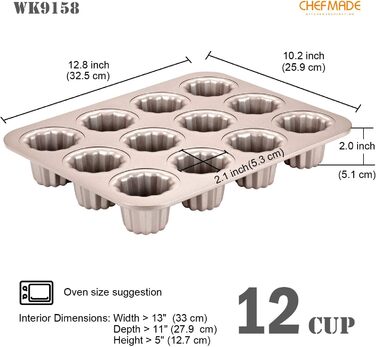 Форма для випікання канеле CHEFMADE, 12 отворів, антипригарна, для мафінів та кексів, шампань золото, для духовки