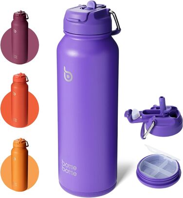 Ізольована спортивна пляшка BOTTLE BOTTLE з нержавіючої сталі, з трубочкою та кришкою-ручкою, 1 л, для води та пігулок, біла/фіолетова