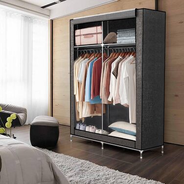 Складана шафа для одягу з тканини 108x45x170 см, сірий, з блискавкою, металевим каркасом, кишенею та полицями