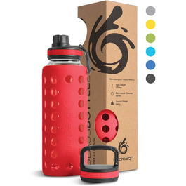 Скляна пляшка для води з силіконовим чохлом Urban Red 950 мл, 100% герметична, BPA-free, з двома кришками, для спорту, фітнесу, офісу, йоги, посудомийна машина