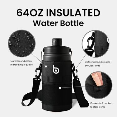 Ізольована пляшка для води BOTTLE BOTTLE 1,8 л з трубочкою, подвійною кришкою та ручкою, термос із нержавіючої сталі для спорту, фітнесу та напоїв, чорна