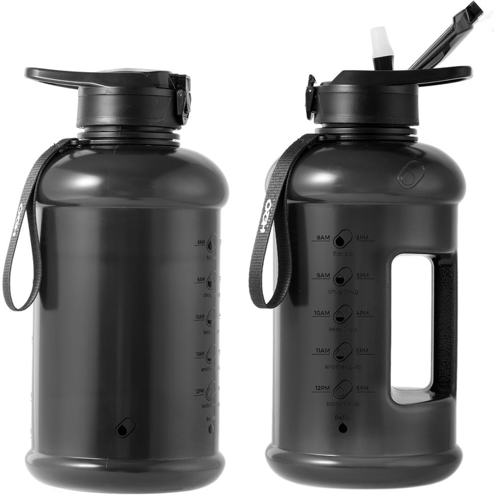 Мотиваційна пляшка для води H2O Capsule 2,5 л з маркуванням часу, трубочкою, ручкою та ремінцем, харчовий пластик, чорна