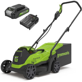 Акумуляторна газонокосарка Greenworks 24V, безщітковий двигун, 33 см, для газонів до 140 м², 30-літровий травозбірник, комплект з акумулятором і зарядним, 3 роки гарантії