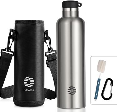 Термобутилка FEIJIAN FJbottle 316 з нержавіючої сталі, вакуумна, 1000 мл, срібляста, з карабіном, BPA-free, герметична спортивна пляшка для води, роботи та подорожей