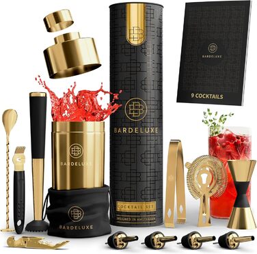 BarDeluxe® набір для коктейлів 12 предметів, набір бармена, міксер для коктейлів | шейкер 750 мл з нержавіючої сталі, подарунковий набір для коктейлів (глибоке золото)