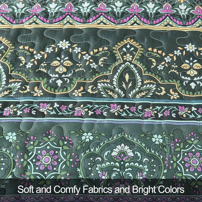 Покривало WONGS BEDDING 220x240 см, стьобане, комплект 3 шт. для двоспального ліжка, мікрофібра, у стилі бохо, темно-зелене, з 2 наволочками 50x70 см, для спальні чи дивану