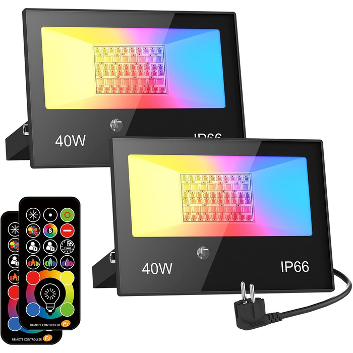 RGB LED прожектор для вулиці 40Вт з пультом, 120 кольорів, 5 режимів, IP66, 4000Лм, холодне біле світло, для саду, двору, гаража, комплект 2 шт.