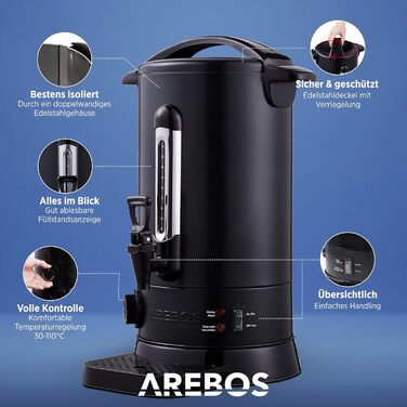Електричний нагрівач для глінтвейну AREBOS 20 л, 1650 Вт, диспенсер для гарячих напоїв з термостатом, захистом від перегріву, чорний