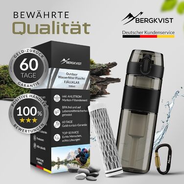 Фільтрована пляшка для води BERGKVIST FJÄLLKLAR 500 мл, чорна – похідна пляшка з фільтром AHLSTROM для чистої питної води, для кемпінгу, туризму та виживання