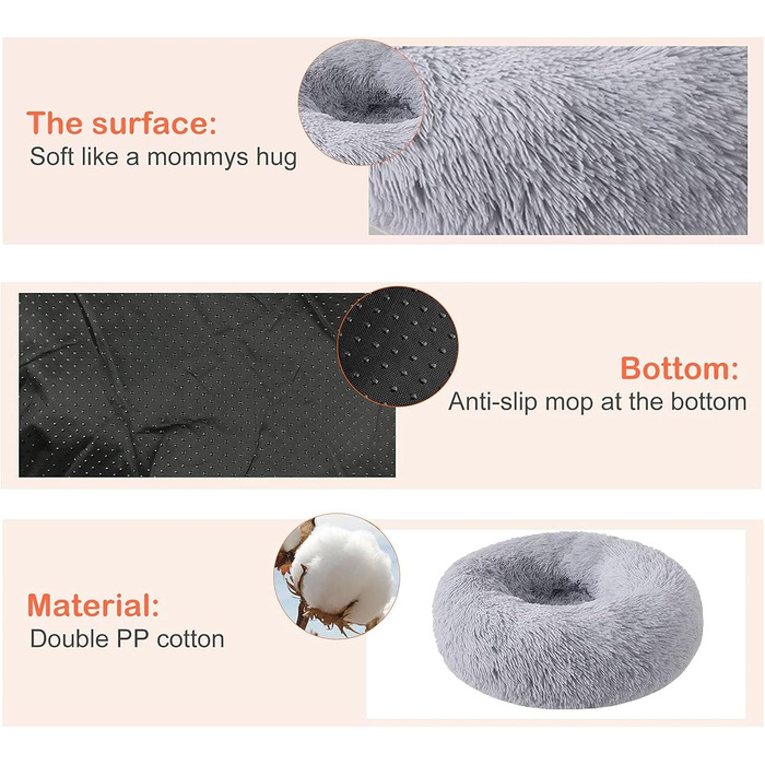 Лежак для собак і котів fireowl Donut, круглий, пухнастий, 80×80×20 см, антистрес, плюшевий, для цуценят і кошенят, світло-сірий, машинне прання