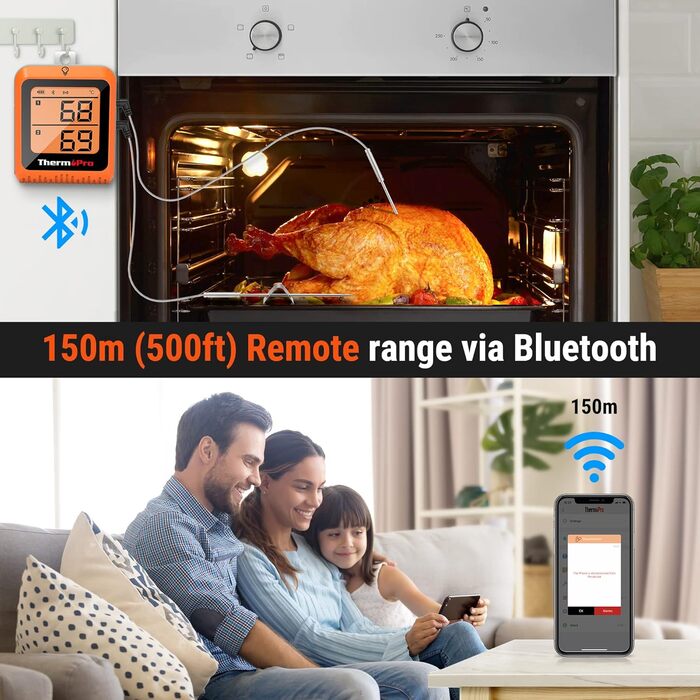 Кухонний термометр ThermoPro TP25H2 з Bluetooth, таймером і сигналом, 150 м – термометр для м'яса, гриля, духовки